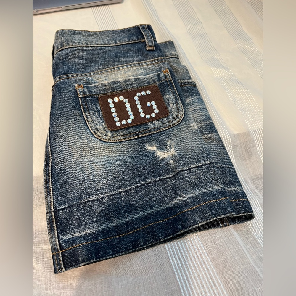Vintage 90/Y2K Dolce & Gabbana Mini Denim Skirt with Crystal Jewels DG Logo SILK